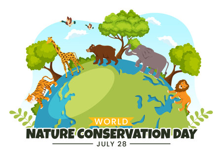 World Nature Conservation Day Vector Illustration with World Map, Tree and Eco Friendly Ecology in Flat Cartoon Hand Drawn Landing Page Templatesのイラスト素材