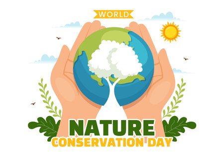 World Nature Conservation Day Vector Illustration with World Map, Tree and Eco Friendly Ecology in Flat Cartoon Hand Drawn Landing Page Templatesのイラスト素材