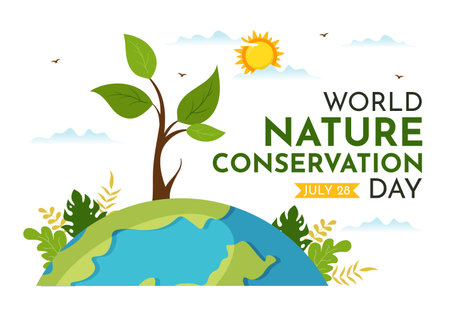 World Nature Conservation Day Vector Illustration with World Map, Tree and Eco Friendly Ecology in Flat Cartoon Hand Drawn Landing Page Templatesのイラスト素材