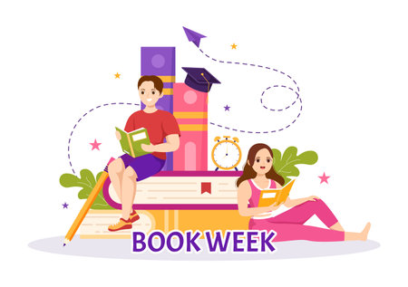 Book Week Events Vector Illustration with People Reading or Students Study Textbooks in Flat Cartoon Hand Drawn Landing Page Templatesのイラスト素材