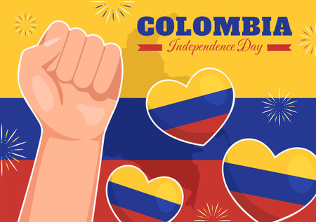 Colombia Independence Day Vector Illustration with Waving Flag in National Holiday Celebration Flat Cartoon Hand Drawn Landing Page Templatesのイラスト素材