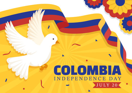 Colombia Independence Day Vector Illustration with Waving Flag in National Holiday Celebration Flat Cartoon Hand Drawn Landing Page Templatesのイラスト素材