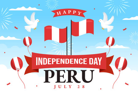 Peru Independence Day Vector Illustration on july 28 with Waving Flag in National Holiday Flat Cartoon Hand Drawn Landing Page Background Templatesのイラスト素材