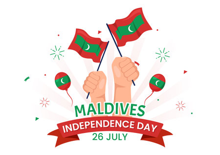 Happy Maldives Independence Day Vector Illustration on 26 July with Maldivian Wavy Flag in Flat Cartoon Hand Drawn Landing Page Background Templatesのイラスト素材