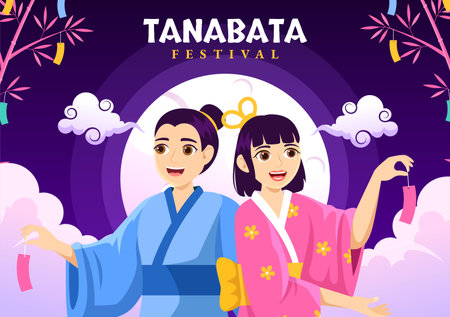Tanabata Festival Vector Illustration with People Wearing Kimono and Peonies Flowers in National Holiday Flat Cartoon Hand Drawn Templatesのイラスト素材