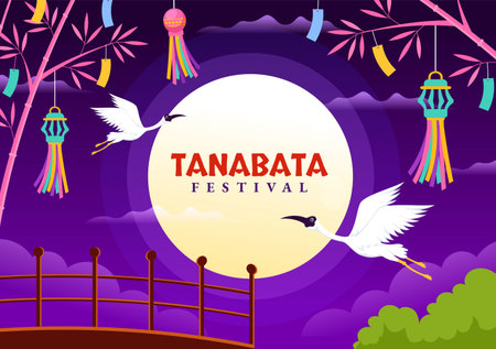 Tanabata Festival Vector Illustration with People Wearing Kimono and Peonies Flowers in National Holiday Flat Cartoon Hand Drawn Templatesのイラスト素材