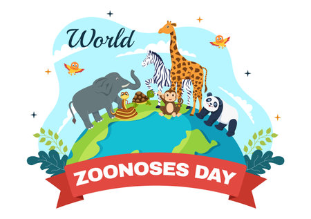 World Zoonoses Day Vector Illustration on 6 July with Various Animals which is in the Forest in Flat Cartoon Hand Drawn Landing Page Templatesのイラスト素材