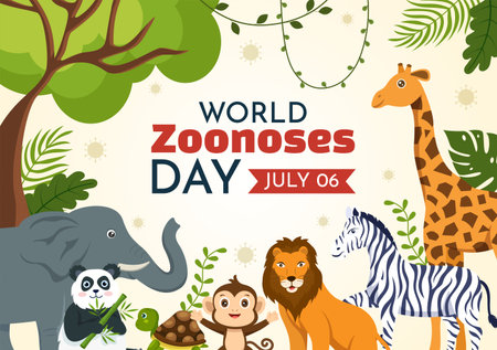 World Zoonoses Day Vector Illustration on 6 July with Various Animals which is in the Forest in Flat Cartoon Hand Drawn Landing Page Templatesのイラスト素材