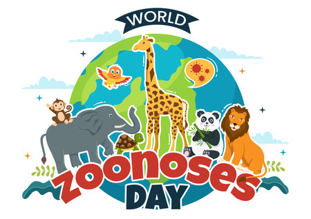 World Zoonoses Day Vector Illustration on 6 July with Various Animals which is in the Forest in Flat Cartoon Hand Drawn Landing Page Templatesのイラスト素材
