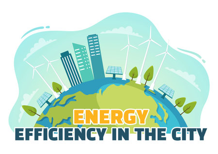 Energy Efficiency in the City Vector Illustration with Sustainable Environment for Electricity Generated From Sun and Wind in Hand Drawn Templatesのイラスト素材