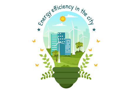 Energy Efficiency in the City Vector Illustration with Sustainable Environment for Electricity Generated From Sun and Wind in Hand Drawn Templatesのイラスト素材