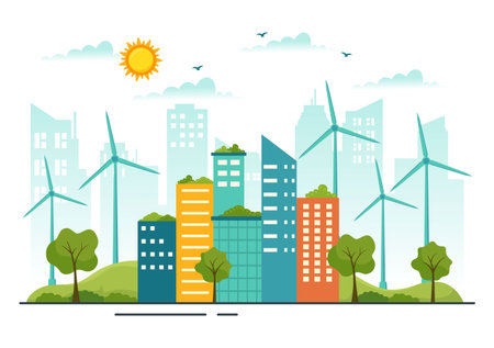 Energy Efficiency in the City Vector Illustration with Sustainable Environment for Electricity Generated From Sun and Wind in Hand Drawn Templatesのイラスト素材