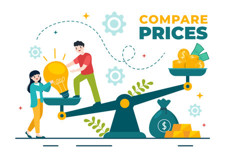 Compare Prices Vector Illustration of Inflation in Economy, Scales with Price and Value Goods in Flat Cartoon Hand Drawn Landing Page Templatesのイラスト素材