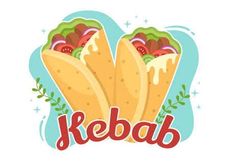 Kebab Vector Illustration with Stuffing Chicken or Beef Meat, Salad and Vegetables in Bread Tortilla Wrap in Flat Cartoon Hand Drawn Templatesのイラスト素材