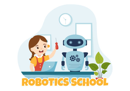 Robotics School Vector Illustration with Kids Robotic Project to Programming and Engineering Robot in Flat Cartoon Hand Drawn Landing Page Templatesのイラスト素材