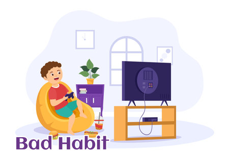 Bad Habit Vector Illustration with Unhealthy Lifestyle like Eating Fast Food or Alcohol Bottle in Kids Cartoon Hand Drawn Landing Page Templatesのイラスト素材