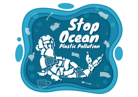 Stop Ocean Plastic Pollution Vector Illustration with Trash Under the Sea like a Waste Bag, Garbage and Bottle in Flat Cartoon Hand Drawn Templatesのイラスト素材