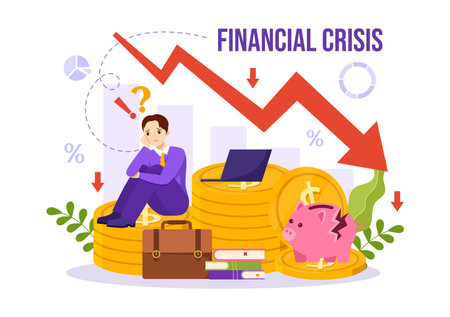 Financial Crisis Vector Illustration with Bankruptcy, Collapse of the Economy and Cost Reduction in Flat Cartoon Hand Drawn Landing Page Templatesのイラスト素材