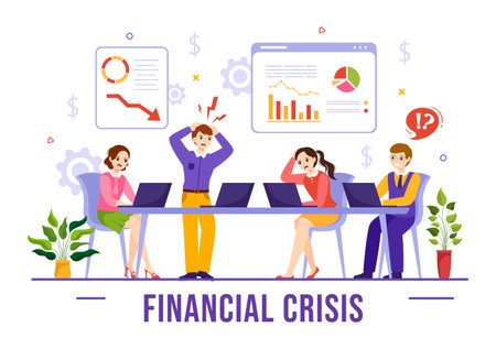 Financial Crisis Vector Illustration with Bankruptcy, Collapse of the Economy and Cost Reduction in Flat Cartoon Hand Drawn Landing Page Templatesのイラスト素材