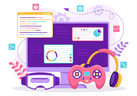 Video Game Development Vector Illustration with Games, Digital Technology, Programming and Coding in Flat Cartoon Hand Drawn Landing Page Templatesのイラスト素材