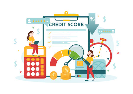 Credit Score Vector Illustration with Loan Arrow Gauge Speedometer Indicator from Poor to Good Rate in Flat Cartoon Hand Drawn Templatesのイラスト素材