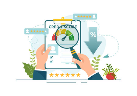 Credit Score Vector Illustration with Loan Arrow Gauge Speedometer Indicator from Poor to Good Rate in Flat Cartoon Hand Drawn Templatesのイラスト素材