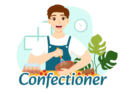 Confectioner Vector Illustration with Chef Wearing Apron Preparing Dessert, Sweet Products and Pastry in Flat Cartoon Hand Drawn Templatesのイラスト素材