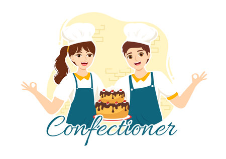 Confectioner Vector Illustration with Chef Wearing Apron Preparing Dessert, Sweet Products and Pastry in Flat Cartoon Hand Drawn Templatesのイラスト素材