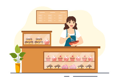 Confectioner Vector Illustration with Chef Wearing Apron Preparing Dessert, Sweet Products and Pastry in Flat Cartoon Hand Drawn Templatesのイラスト素材