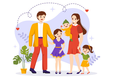 Family Values Vector Illustration of Mother, Father and Kids by Side with Each Other in Love and Happiness Flat Cartoon Hand Drawn Templatesのイラスト素材