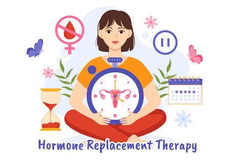HRT or Hormone Replacement Therapy Acronym Vector Illustration with Treatment and Hormone Medication in Healthcare Cartoon Hand Drawn Templatesのイラスト素材