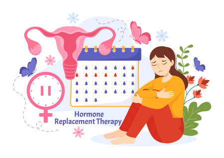 HRT or Hormone Replacement Therapy Acronym Vector Illustration with Treatment and Hormone Medication in Healthcare Cartoon Hand Drawn Templatesのイラスト素材