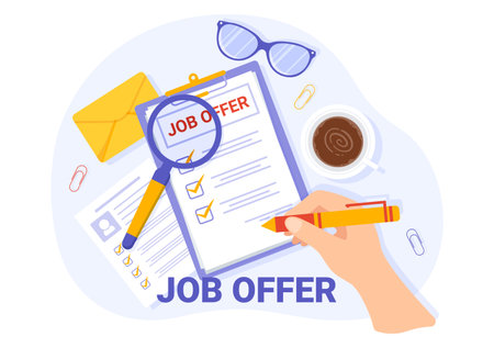 Job Offer Vector Illustration with Businessman Recruitment Search, Start Career and Vacancy at a Company in Flat Cartoon Hand Drawn Templatesのイラスト素材