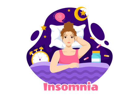 Insomnia Vector Illustration with Young People Unable to Sleep, Thinking and Eyes Open at Night Bedroom in Flat Cartoon Hand Drawn Templatesのイラスト素材