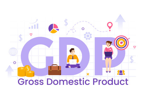 GDP or Gross Domestic Product Vector Illustration with Economic Growth Column and Market Productivity Chart in Flat Cartoon Hand Drawn Templatesのイラスト素材