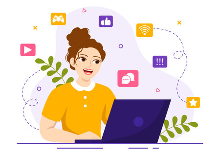 Internet Addiction Vector Illustration with Young People Addicted to Using Devices Such as Laptop or Smartphone in Flat Cartoon Hand Drawn Templatesのイラスト素材