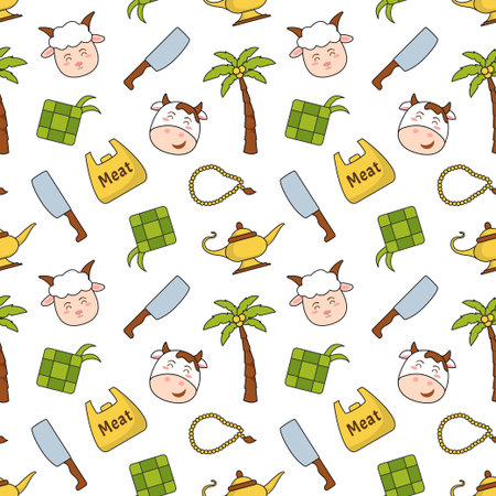 Happy Eid Al Adha Mubarak Seamless Pattern of Muslims Celebration with Sacrificial Animals in Template Hand Drawn Cartoon Flat Illustrationのイラスト素材