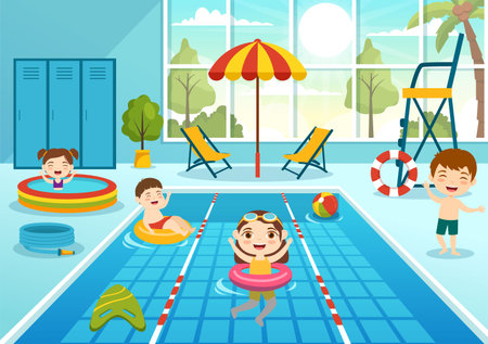 Swimming Pool Vector Illustration with Summer Vacation Landscape Concept and Kids Swim Summer Activity in Cartoon Hand Drawn Background Templatesのイラスト素材