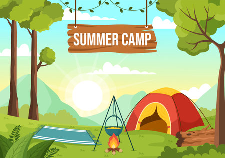 Summer Camp Vector Illustration of Camping and Traveling on Holiday with Equipment such as Tent, Backpack and Others in Flat Cartoon Templatesのイラスト素材