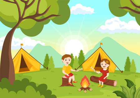 Summer Camp Vector Illustration of Kids Camping and Traveling on Vacation with Equipment like Tents, Backpacks and More in Cartoon Templateのイラスト素材