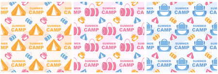 Set of Summer Camp Seamless Pattern Design of Camping and Traveling in Template Hand Drawn Cartoon Flat Illustrationのイラスト素材