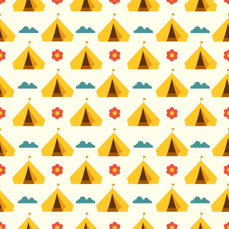 Summer Camp Seamless Pattern Design of Camping and Traveling in Template Hand Drawn Cartoon Flat Illustrationのイラスト素材