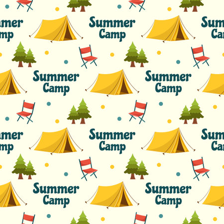 Summer Camp Seamless Pattern Design of Camping and Traveling in Template Hand Drawn Cartoon Flat...