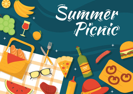 Picnic Outdoors Vector Illustration of People Sitting on a Green Grass in Nature on Summer Holiday Vacations in Flat Cartoon Hand Drawn Templatesのイラスト素材