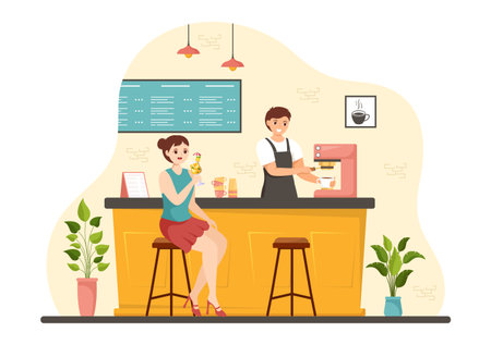 Ilustración de Cafe Vector Illustration of Interior with Bar stand, Table and Armchairs in Flat Cartoon Hand Drawn Landing Page Restaurant Background Templates - Imagen libre de derechos