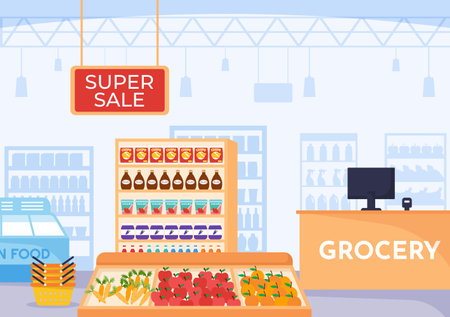 Food Grocery Store Shopping Vector Illustration with Foods Items and Products Assortiment on the Supermarket in Flat Cartoon Hand Drawn Templatesのイラスト素材