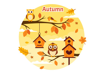 Autumn Vector Illustration Panoramic of Mountains and Maple Trees Fallen with Yellow Foliage in Flat Cartoon Hand Drawn Landing Page Templatesのイラスト素材