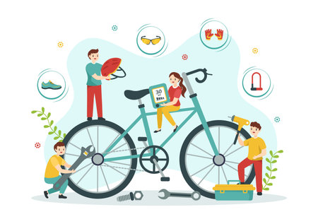 Cycling and Bicycle Tool Set Vector Illustration of a Mechanic Repairing Bicycles in a Workshop with Spare Parts in Flat Cartoon Hand Drawn Templateのイラスト素材