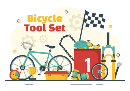 Cycling and Bicycle Tool Set Vector Illustration of a Mechanic Repairing Bicycles in a Workshop with Spare Parts in Flat Cartoon Hand Drawn Templateのイラスト素材