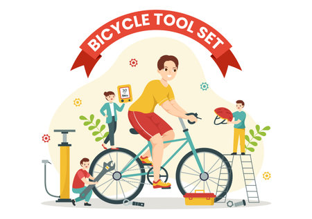 Cycling and Bicycle Tool Set Vector Illustration of a Mechanic Repairing Bicycles in a Workshop with Spare Parts in Flat Cartoon Hand Drawn Templateのイラスト素材